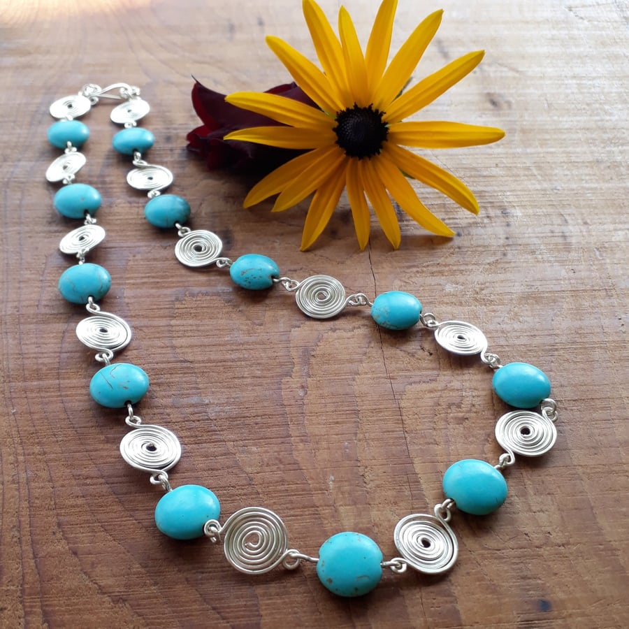 Turquoise silver spiral necklace
