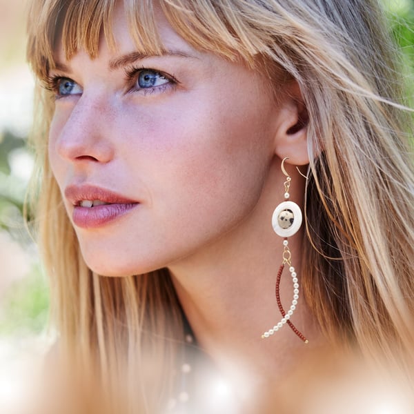 Brown Beaded Earrings, Boho Style with natural Gemstone and pearl nacre beads.
