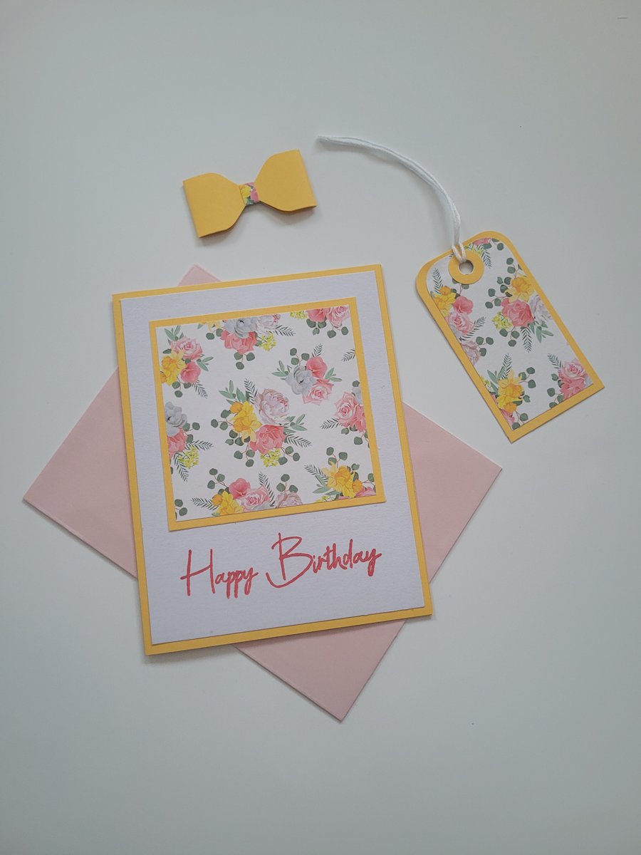 Birthday Card, Gift Tag, Bow, Gift set, retro vintage floral flowers card