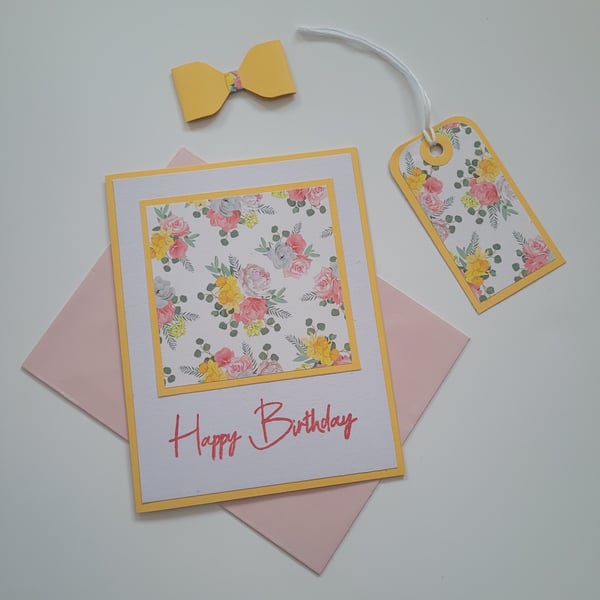 Floral Birthday Card, Gift Tag and Bow