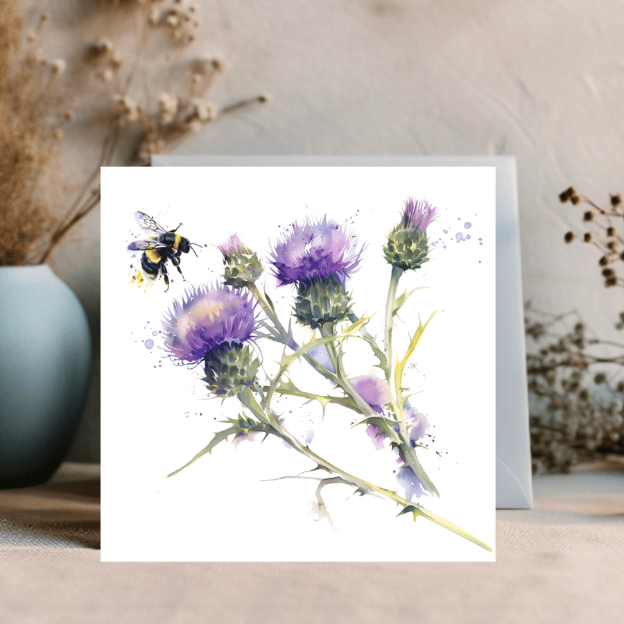 Watercolour Thistle and Bee Greetings Card can be personalised for any occasion 