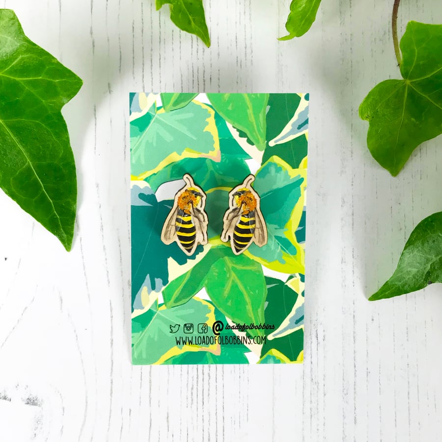 Ivy Mining Bee Illustration Wooden Earring Studs