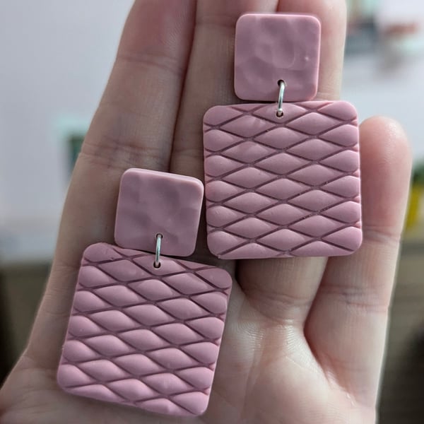 Pink square drop earrings 