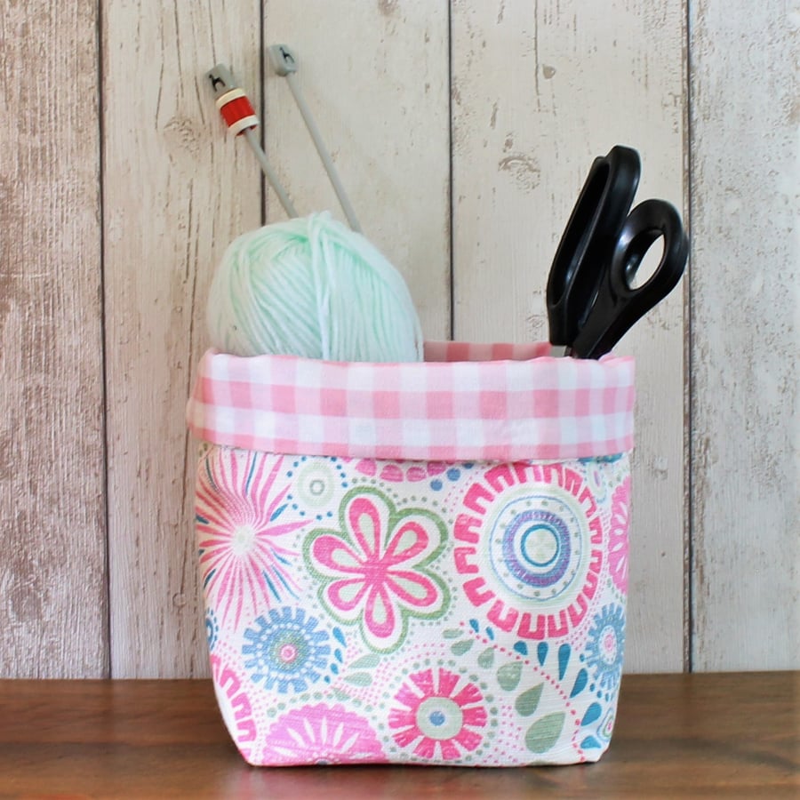 Pink and Green Funky Floral Fabric Storage Bin