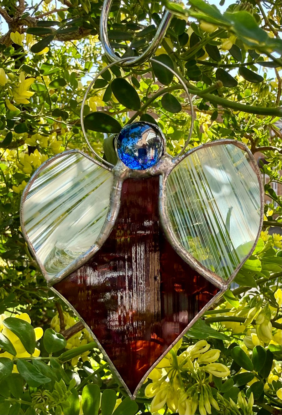 Stained Glass Heart Angel - Deep maroon with white striped wings