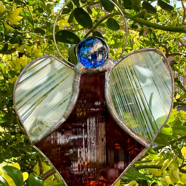 Stained Glass Heart Angel - Deep maroon with white striped wings