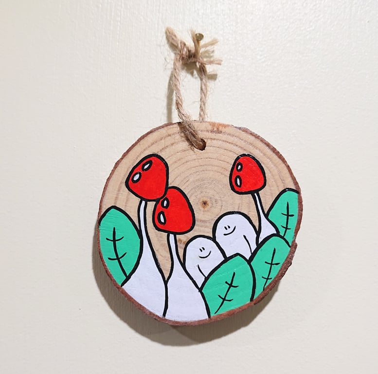 Acrylic Painting on Wood Slice - Cheps in a Mushroom Forest