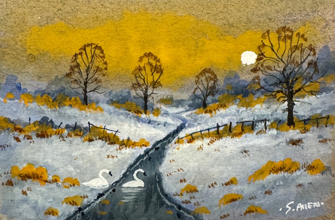 Original Aceo Painting ‘ Winter swans  ‘ by Stephen Allen 