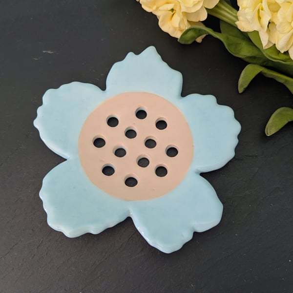Ceramic pastel turquoise small flower frog