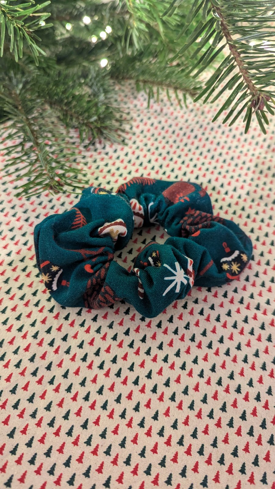 Green Christmas Scrunchie with holly pattern