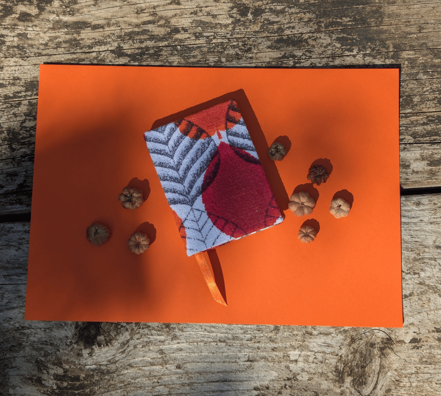 Handmade A7 Notebook with 1950s Orange and Red Leaf Vintage Barkcloth Fabric