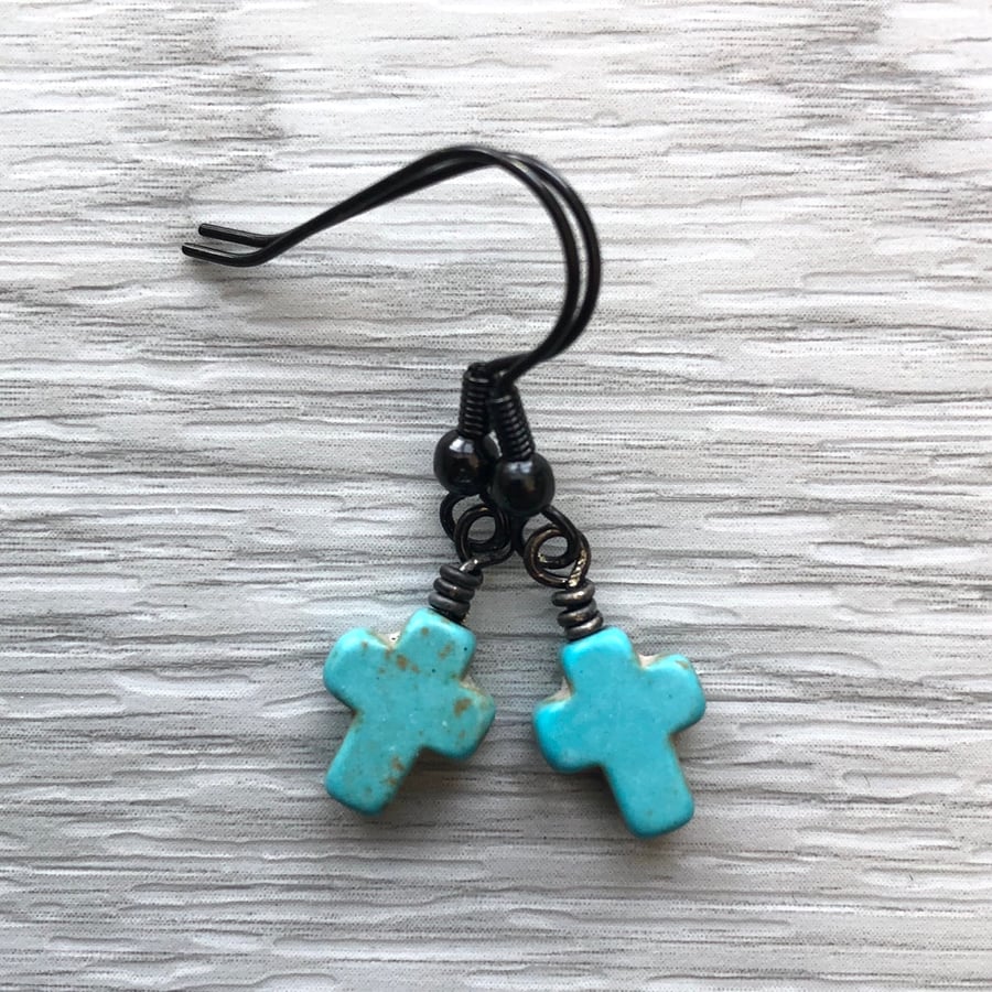 Turquoise Howlite Cross Earrings. Black Brass Earrings