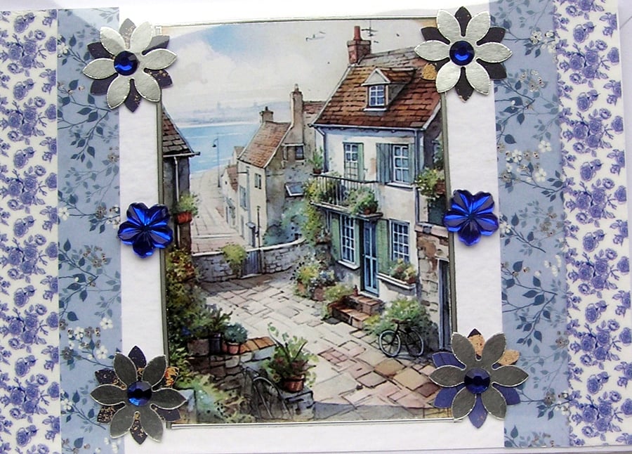 Cornish Village Scene - Hand Crafted 3D Decoupage Card - Blank 3142
