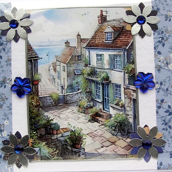 Cornish Village Scene - Hand Crafted 3D Decoupage Card - Blank 3142