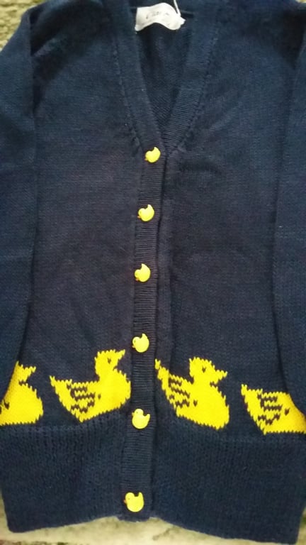 Duck cardigan with hand painted duck buttons. Machine washable wool or cotton