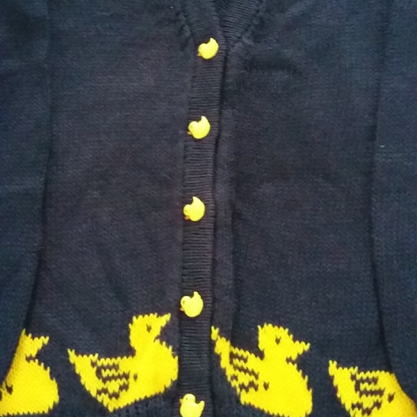 Duck cardigan with hand painted duck buttons. Machine washable wool or cotton