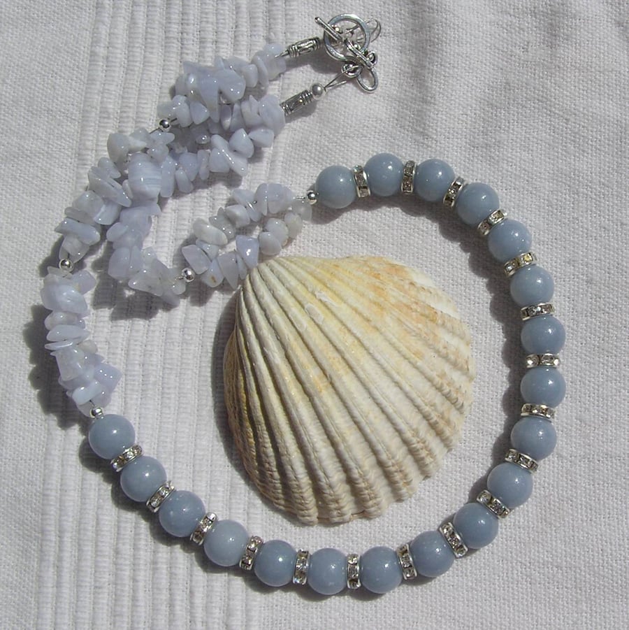 Angelite & Blue Lace Agate Crystal Gemstone Statement Necklace "Aurora"