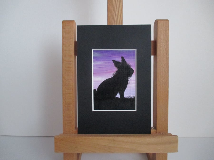 Bunny Rabbit ACEO painting Silhouette original art mounted ready to frame purple