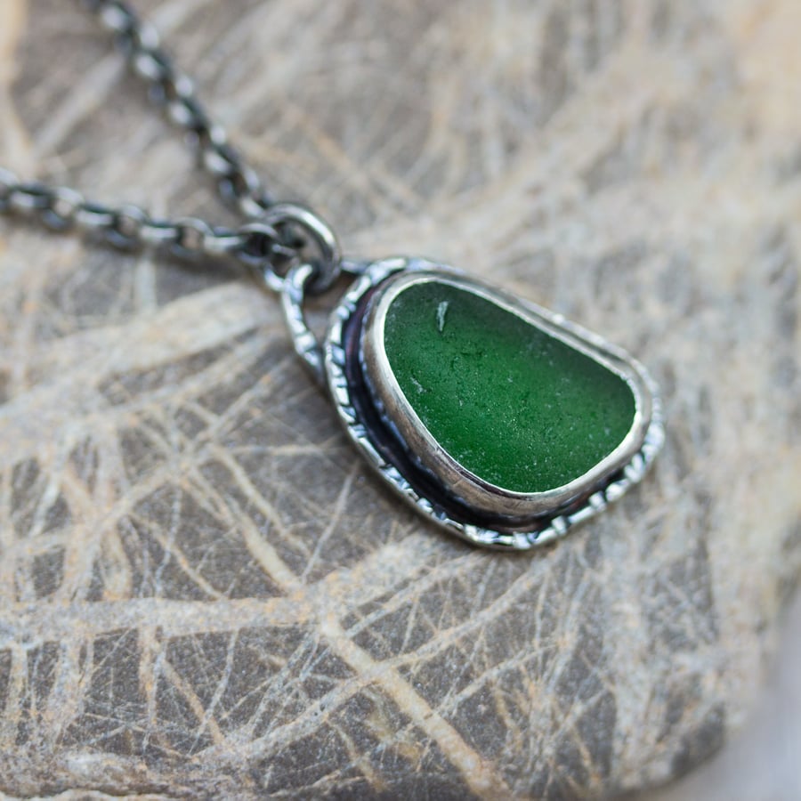 Green Sea Glass & Recycled Sterling Silver Necklace