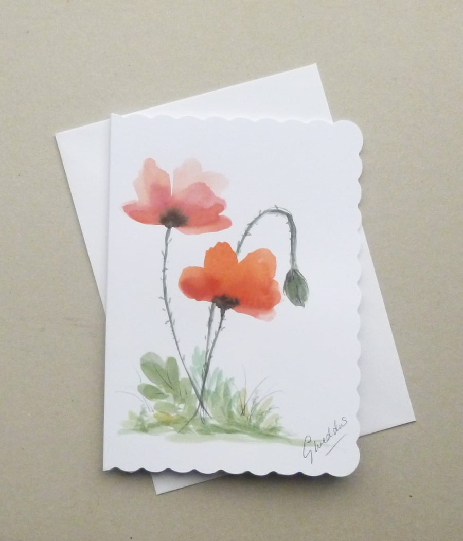 hand painted watercolour art poppies greetings card ( ref F 899 C3 )