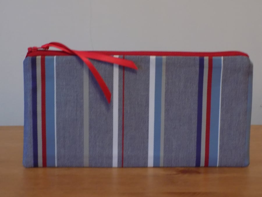Blue Striped Fabric Pencil Case Make Up Bag