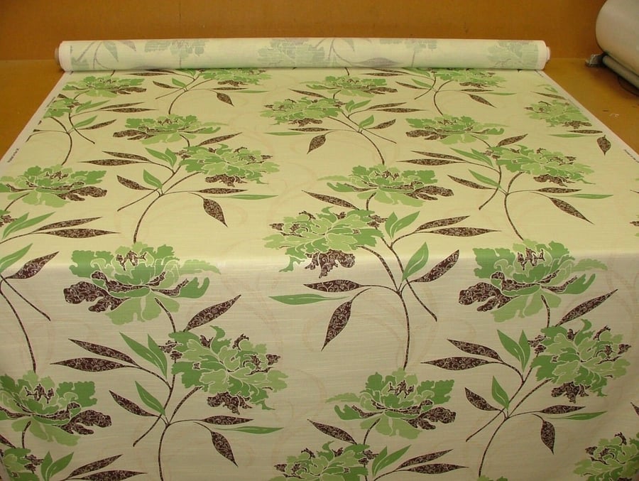 7 Mtrs 276" Lime Green Brown Big Large Flower Fabric Modern Floral 54"W