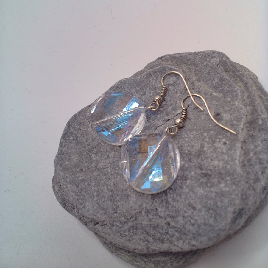 Round Clear Faceted Twisted Glass Bead Earrings, Gift for Her, Valentine Gift