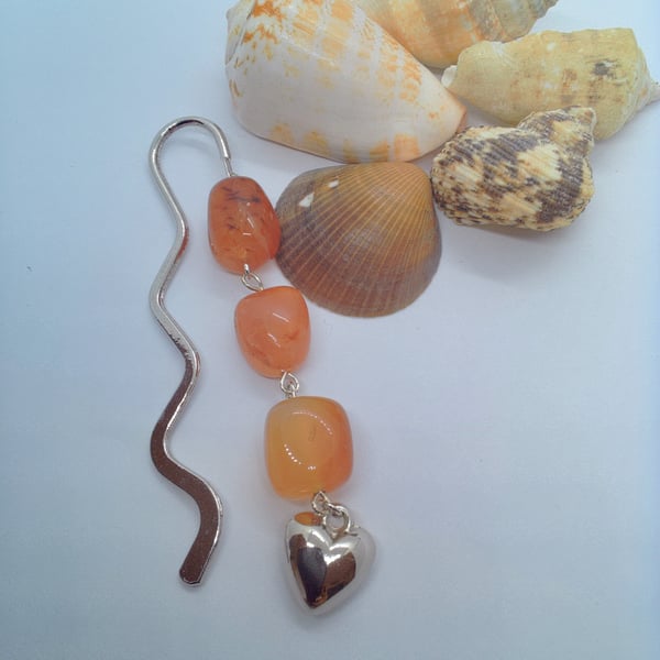 Red Carnelian Beaded Bookmark with Puffed Silver Heart Charm, Gift for Her