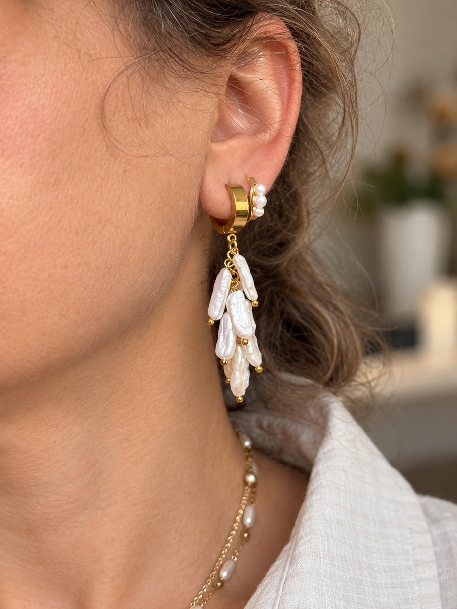 High-Lustre Biwa Pearl Cascade Earrings – White & Purple Freshwater Pearls