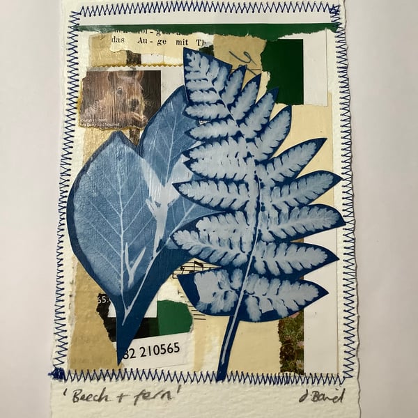 Nature inspired cyanotype. Ferns. Beech. Plants. Art. Original 