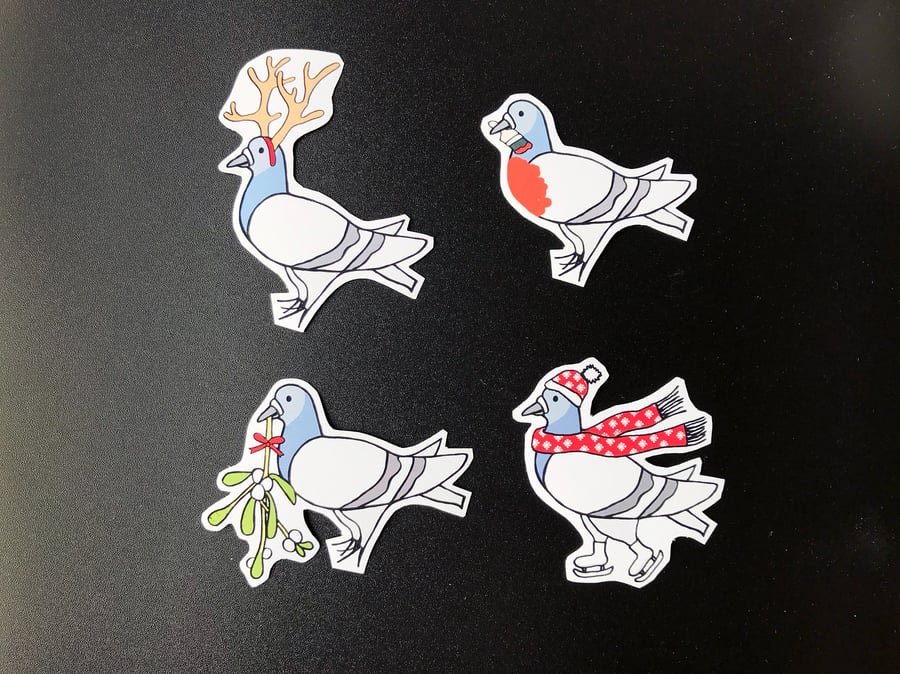 Christmas Mistletoe, Reindeer, Skating and Robin Pigeon Illustration Magnets