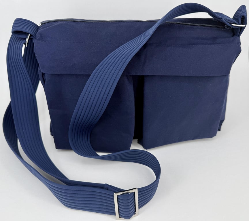 Handmade navy dry cotton oilskin fully lined messenger bag with pockets