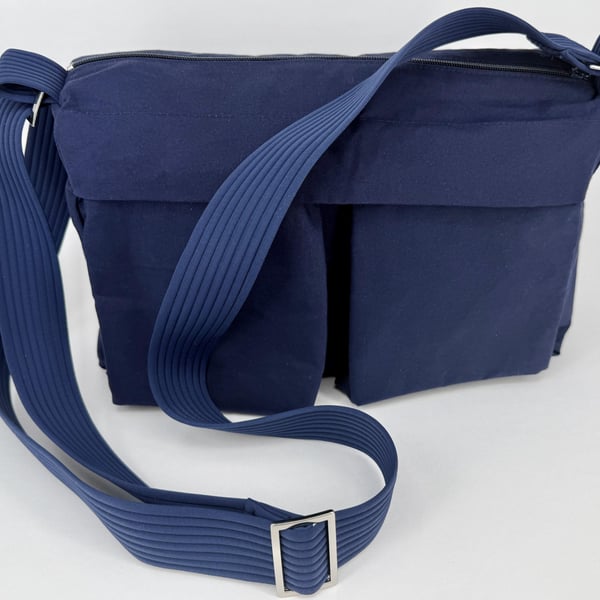 Handmade navy dry cotton oilskin fully lined messenger bag with pockets