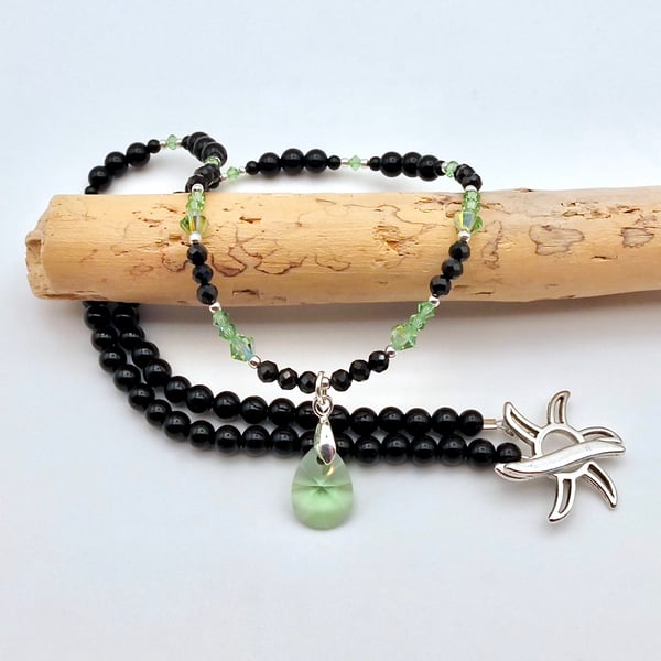  Onyx, Black Spinel & Crystal Necklace, August Birthstone, Leo, Anniversary Gift