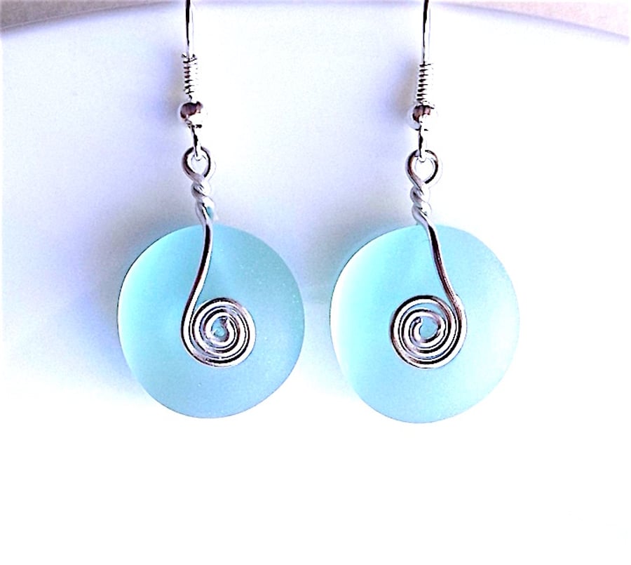 Sea foam coloured sea glass dangle earrings, for pierced ears.