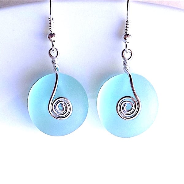 Sea foam coloured sea glass dangle earrings, for pierced ears.