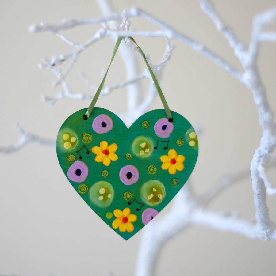 Yellow Flowers Hanging Decoration, Green Easter Hanging Heart with Purple Flower