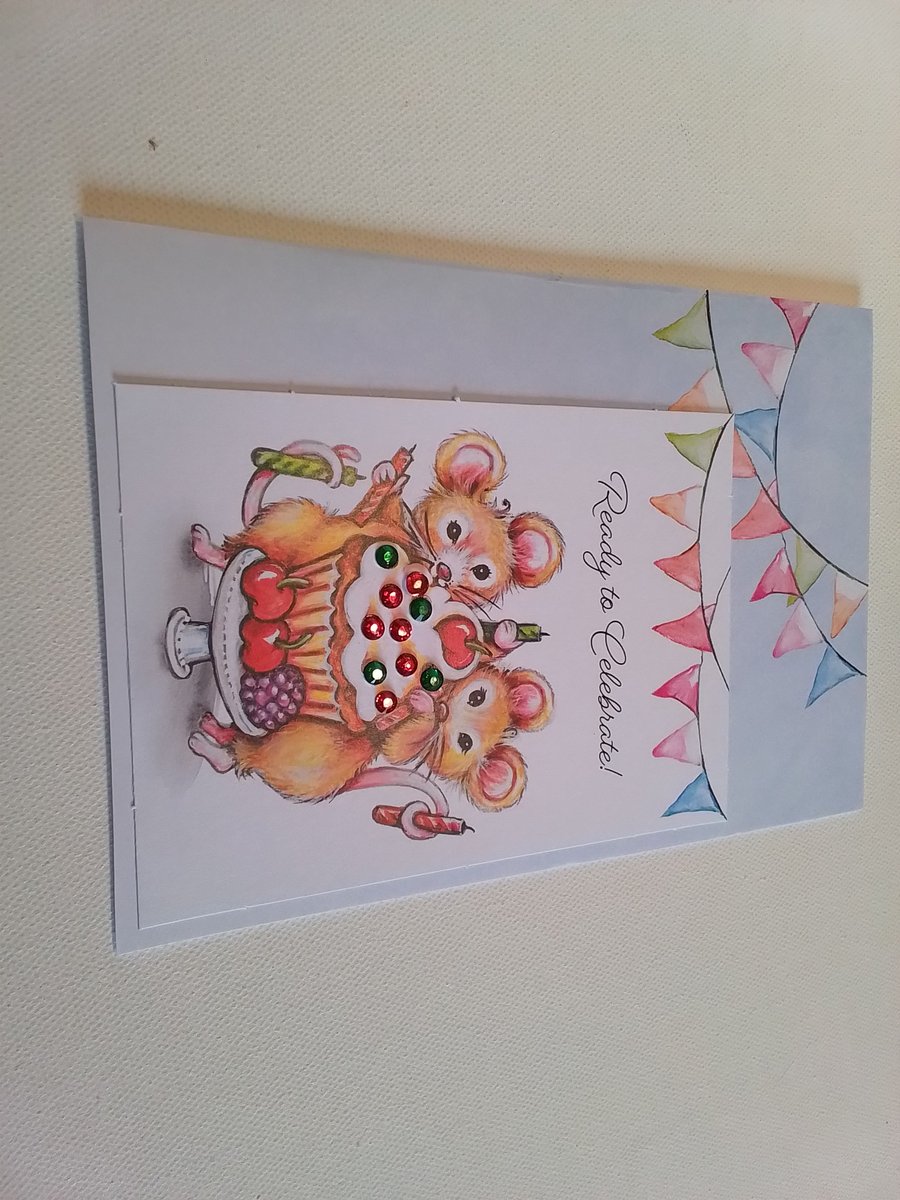 Birthday card. Handmade card. Birthday cake. Mice. Ref 105
