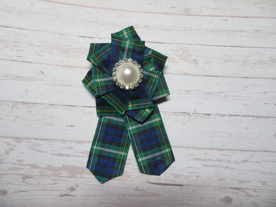 Campbell Tartan Pearl & Diamante Ribbon Ruffle Rosette Mini Clip Rosette  
