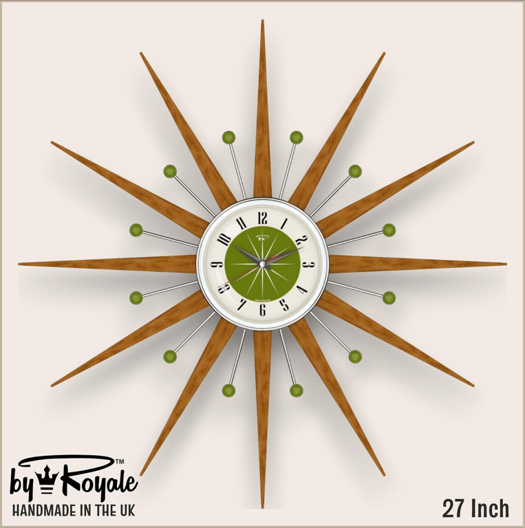 Mid Century Starburst Wall Clock By Royale The Welby in Avocado Green - 4 Sizes