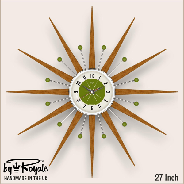 Mid Century Starburst Wall Clock By Royale The Welby in Avocado Green - 4 Sizes