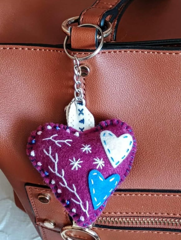 Felt bag charm keychain, fabric embroidered keyring