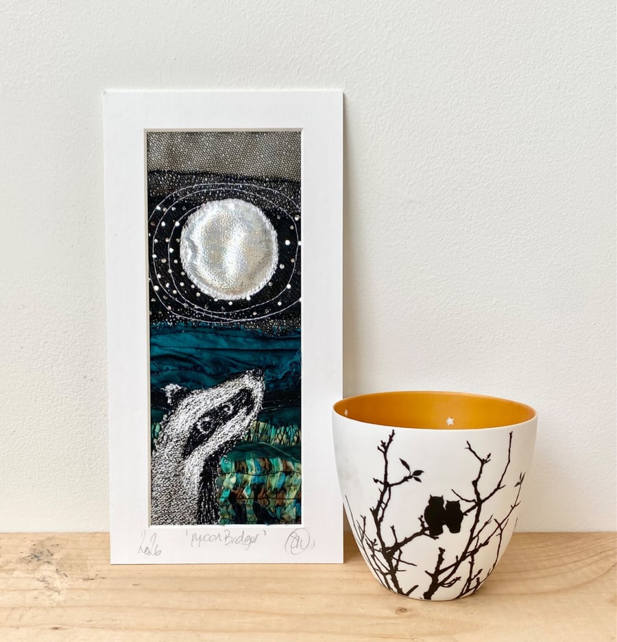 Badger and moon original Artwork. Collage embroidery. 
