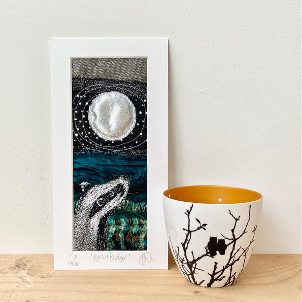 Badger and moon original Artwork. Collage embroidery. 