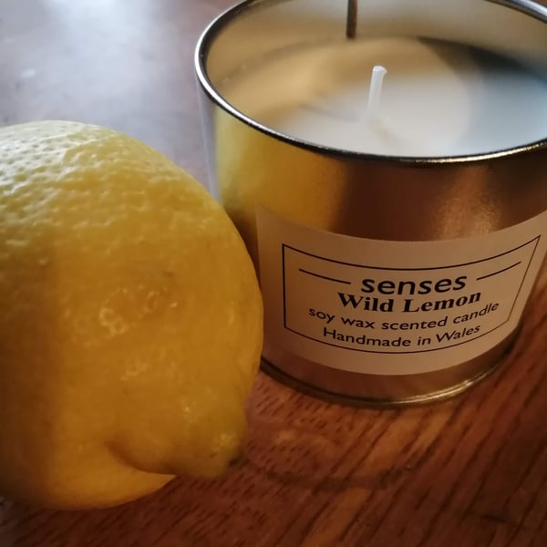 Wild Lemon scented soy wax candle tin handmade in mid Wales