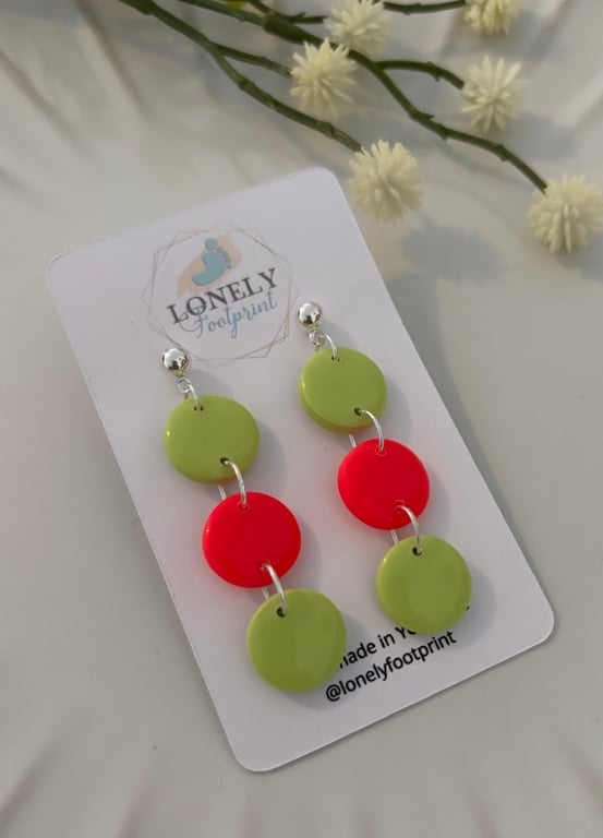 Bright Green and Pink Polymer Clay Earrings - Lightweight Handmade Earrings 