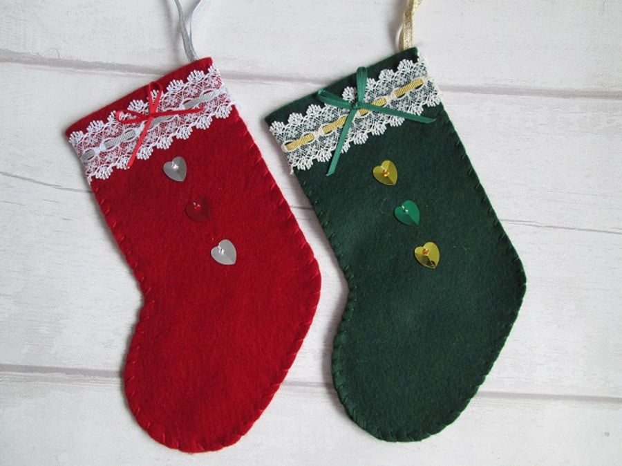 SOLD - Pair of Small Felt Christmas Stockings in Red and Green