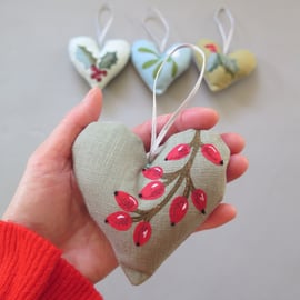 Handmade Christmas decorations, padded hanging heart, Holly, mistletoe, berries