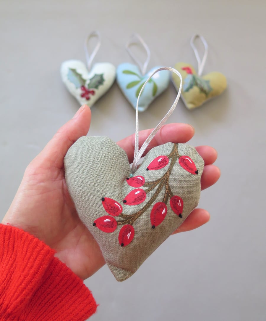 Handmade Christmas decorations, padded hanging heart, Holly, mistletoe, berries
