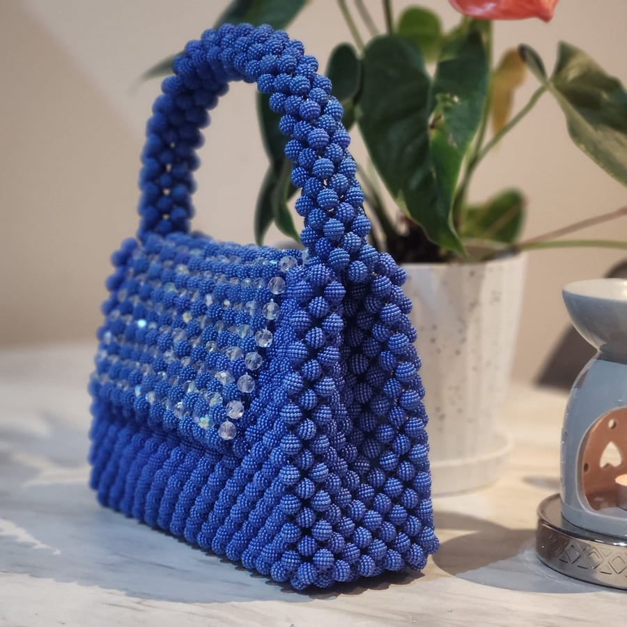 Blue Beaded Handbag With A Velvet Inner Lining 